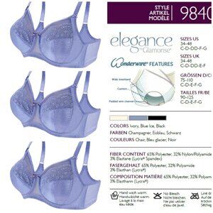 Set of 3! 38D Glamorise ELEGANCE Bra (UNDERWIRE) Lace SIDE-BONES Blue-Ice NEW